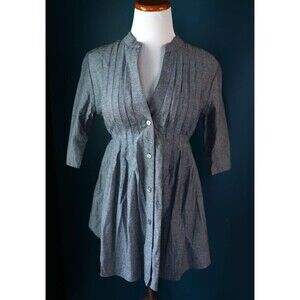 Vintage Y2K Chambray V-Neck Button Up Back Tie Pleated 3/4 Sleeve Top M
